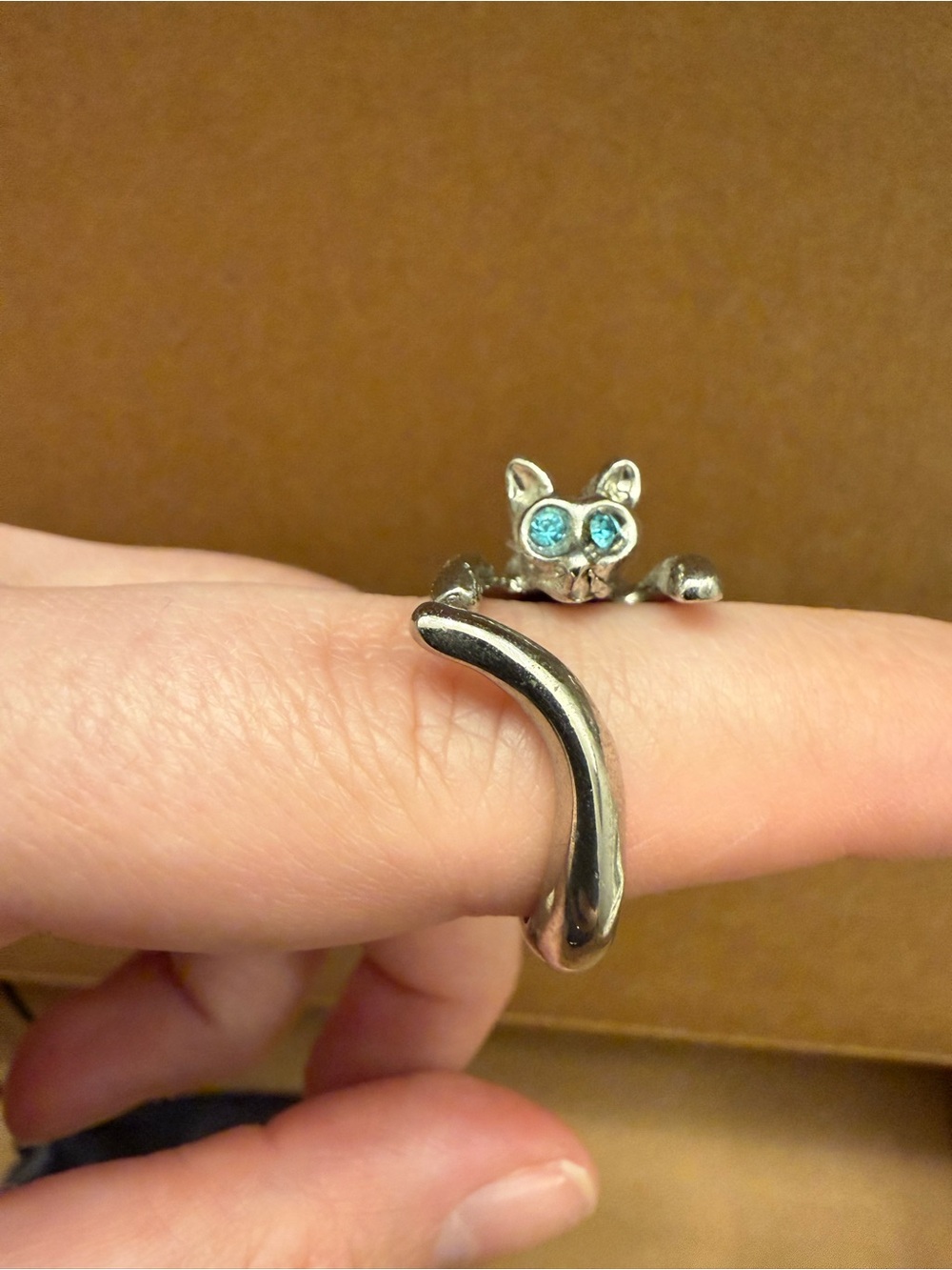 Silver Cat Wrap Ring with Blue Crystal Eyes - Pet Cat Jewelry